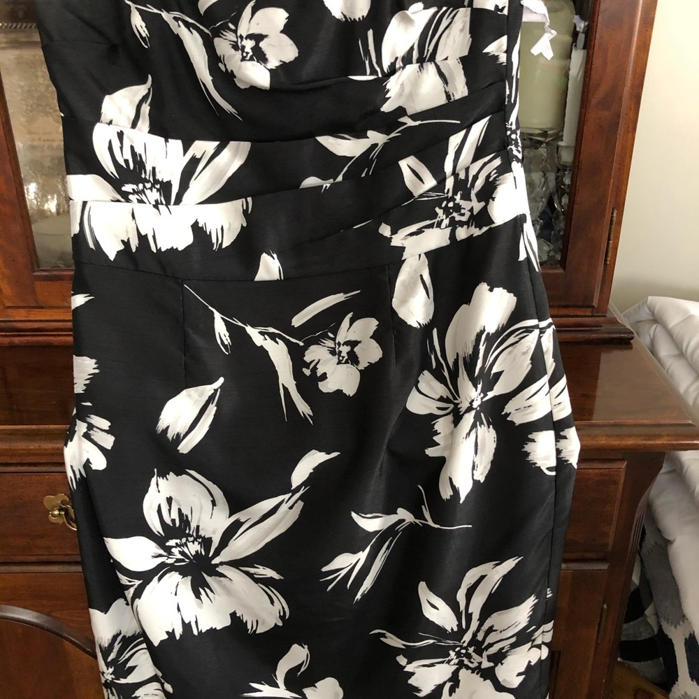 Strapless black & white silk dress.